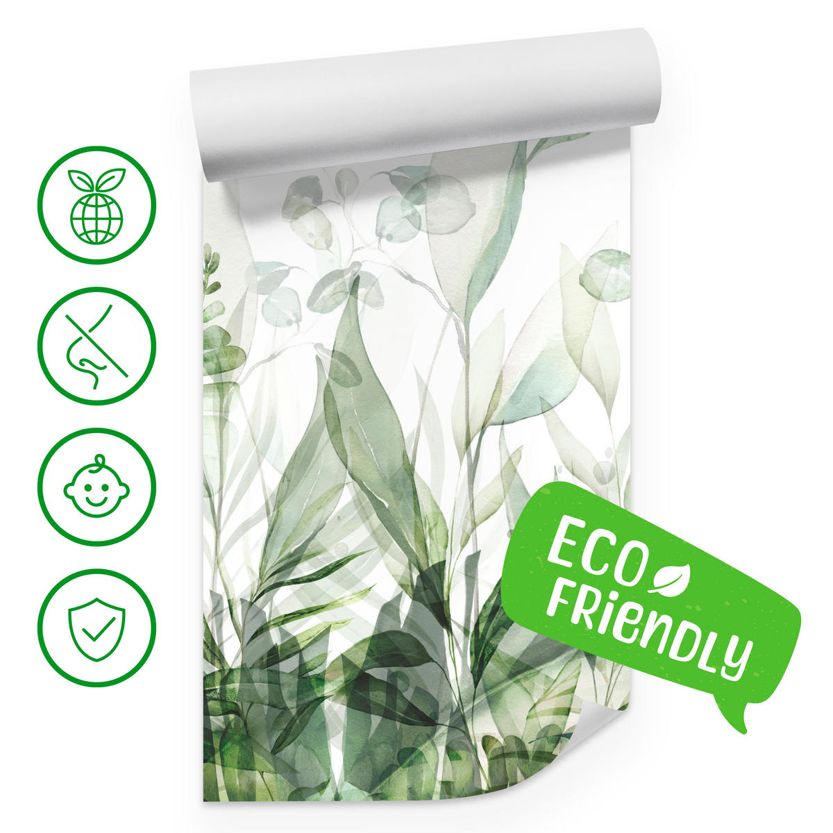FOTOTAPETE für Schlafzimmer Aquarell Tropische Grüne Blätter Exotisch Blätter 250x175 - Weiß/Grün, Papier (250/175cm) - Muralo
