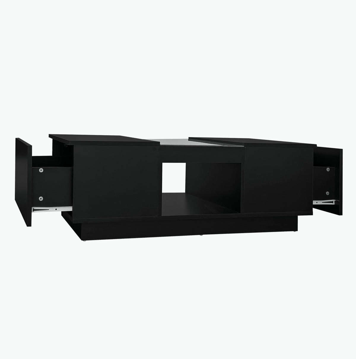 COUCHTISCH 100/50/35,5 cm aus Spanplatte mit LED-Beleuchtung, App-Steuerung, 2 Schubladen und Glasplatte, Schwarz - Schwarz, Holzwerkstoff (100/50/35.5cm) - Redom
