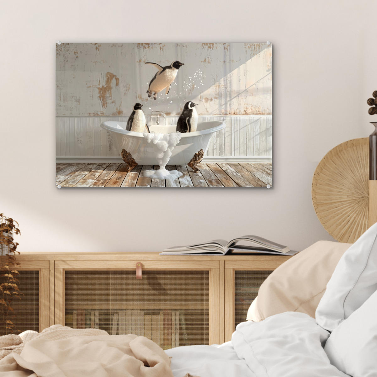 ACRYLGLASBILD Vintage - Pinguin - Badewanne - Schaumstoff 60x40 cm - Schwarz, Glas (60/40cm) - MuchoWow
