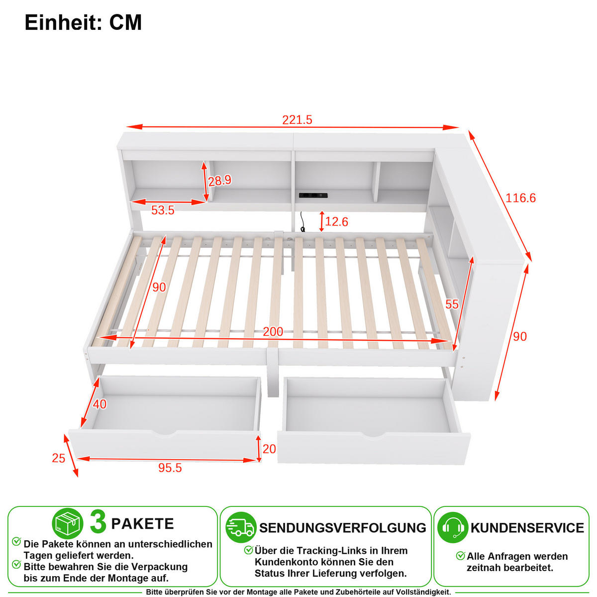DENNÍ POSTEL 90/200 cm v bílé barvě se 2 zásuvkami, zásuvkou a 2 USB - bílá, dřevo/kompozitní dřevo (90/200cm) - CHICFURN