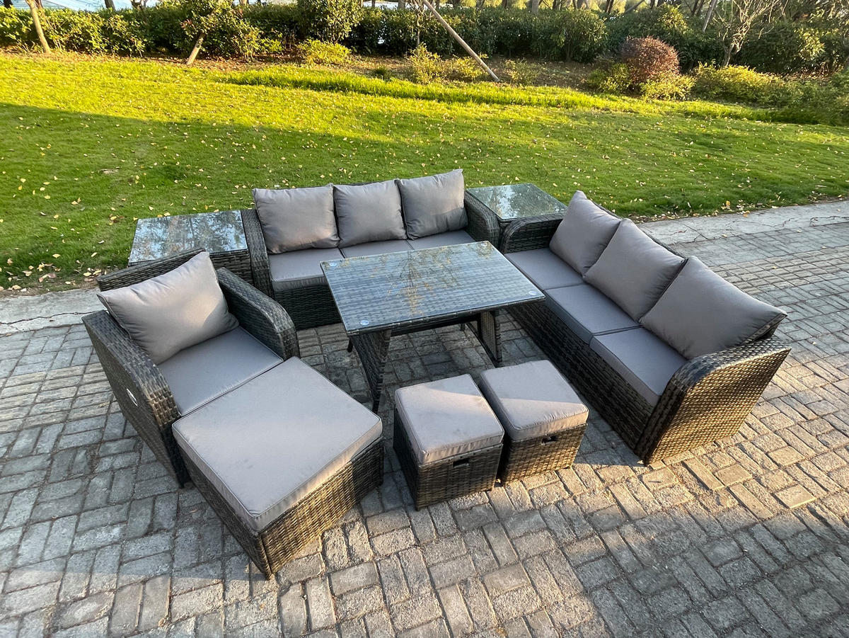 GARTENSET Hohe Rückenlehne Polyrattan 10-Sitzer - Dunkelgrau/Grau, Glas/Kunststoff - Fimous