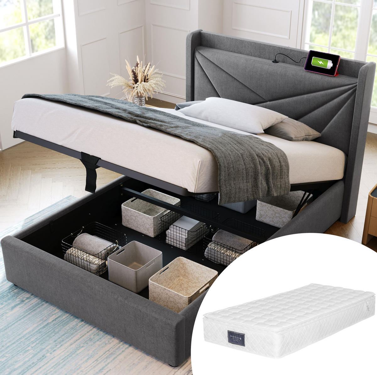 BETT mit Bettkasten und USB/Typ-C 90x200 cm Baumwoll-Leinen Grau inkl. Matratze - Grau, Metall (90/200cm) - Meubliv