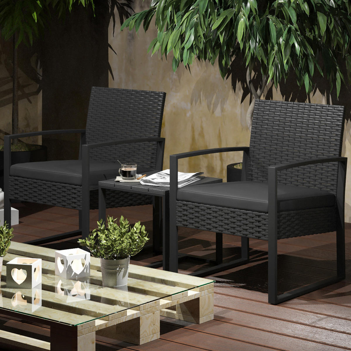GARTENMÖBEL-SET Anthrazit 3 Teile, mit Tisch - Anthrazit, Kunststoff - OK-Living