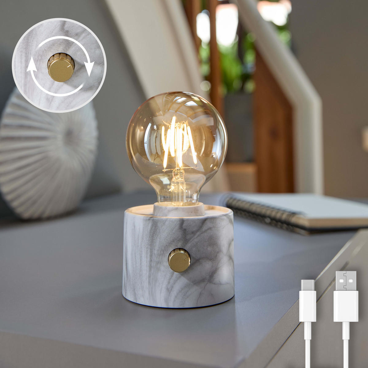 LED-TISCHLAMPE Vintage Edison dimmbar 10x9x16cm Marmor - Weiß Hochglanz, Kunststoff (10/8.7/16cm) - Northpoint
