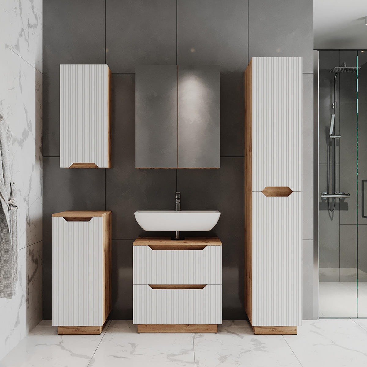 KOUPELNOVÝ NÁBYTEK Lotta Dub/bílý pruhovaný - bílá/barva dubu, kompozitní dřevo (58.9/62.5/32cm) - Vicco