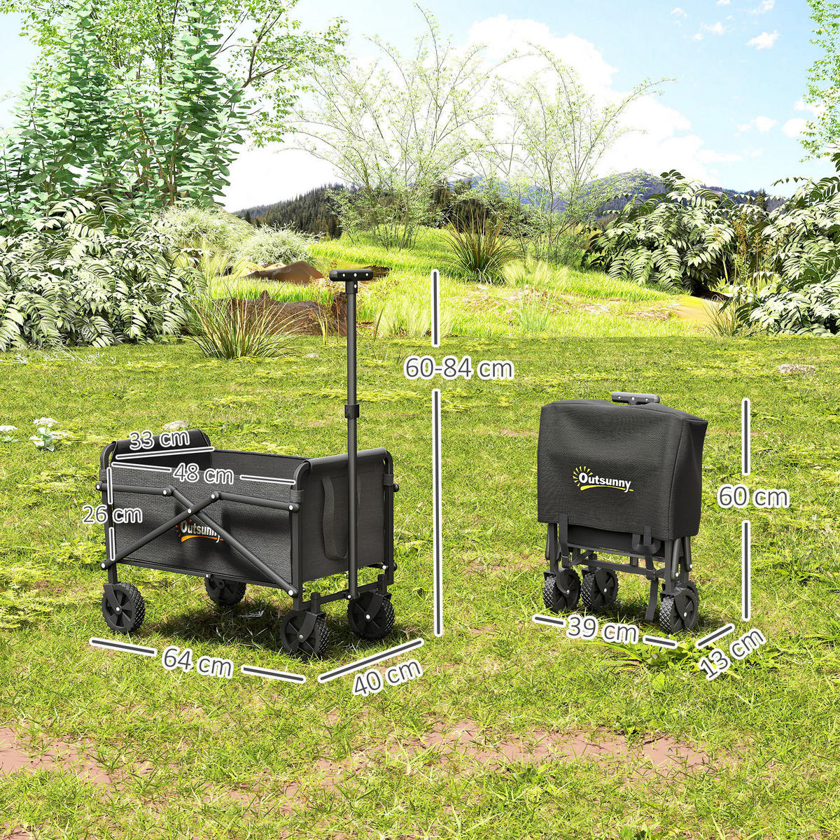 GARTENWAGEN DE-10535 faltbar, 41 L, verstellbarer Griff Schwarz - Schwarz, Metall (40/84/64cm) - ComfortXL
