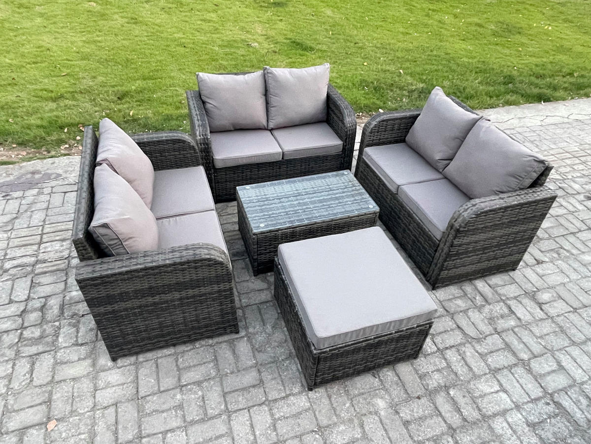 GARTENMÖBELGARNITUR mit KISSEN Polyrattan Dunkelgrau 7-Sitzer - Dunkelgrau/Grau, Glas/Kunststoff - Fimous