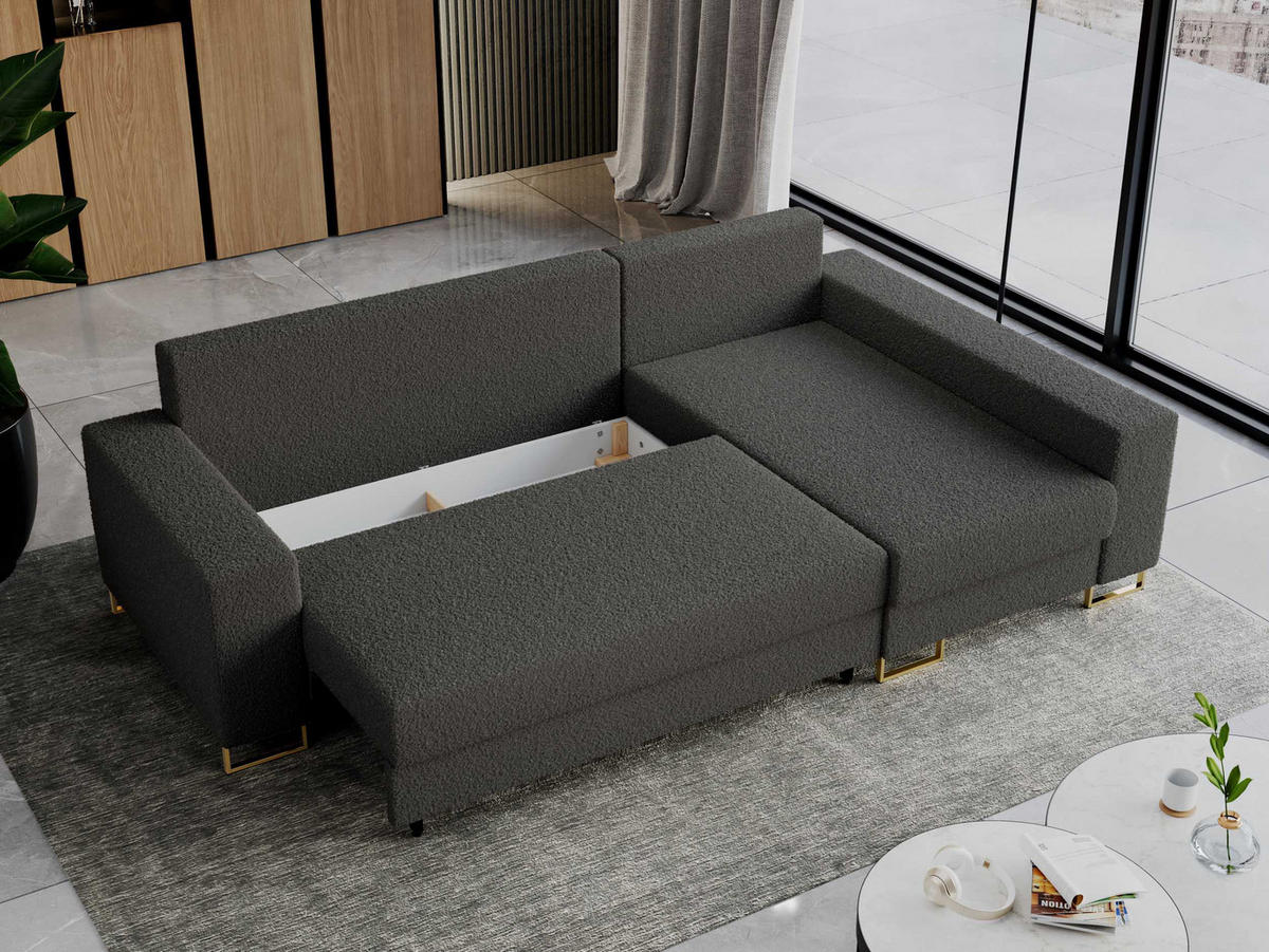 ECKSOFA Dorian Boucle Dunkelgrau - Dunkelgrau/Goldfarben, Textil/Metall (242/138cm) - MKS