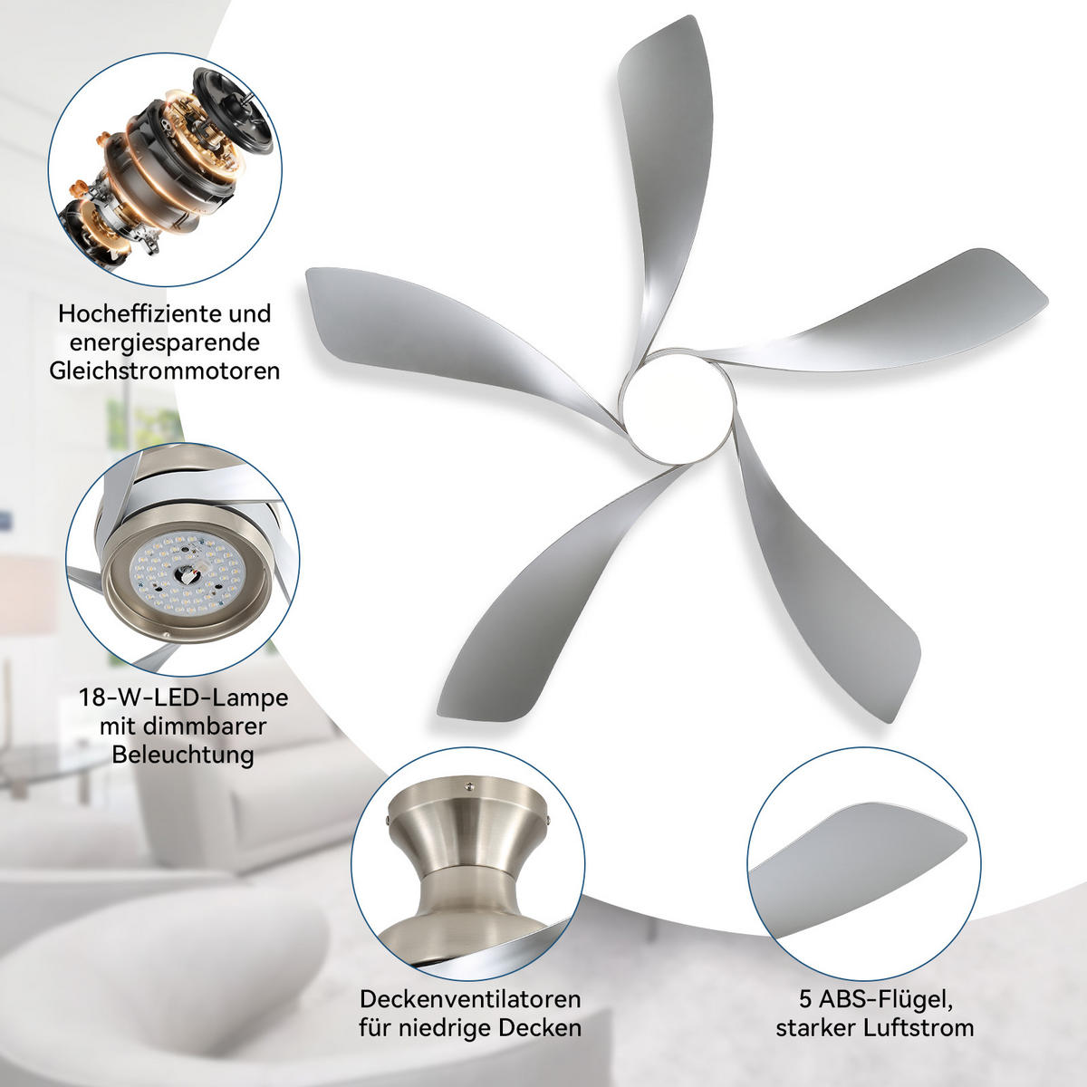 DECKENVENTILATOR 132cm Direktmontage LED Licht 5 Flügel DC Motor - Weiß, Kunststoff (132/132/30.5cm) - CASIVA