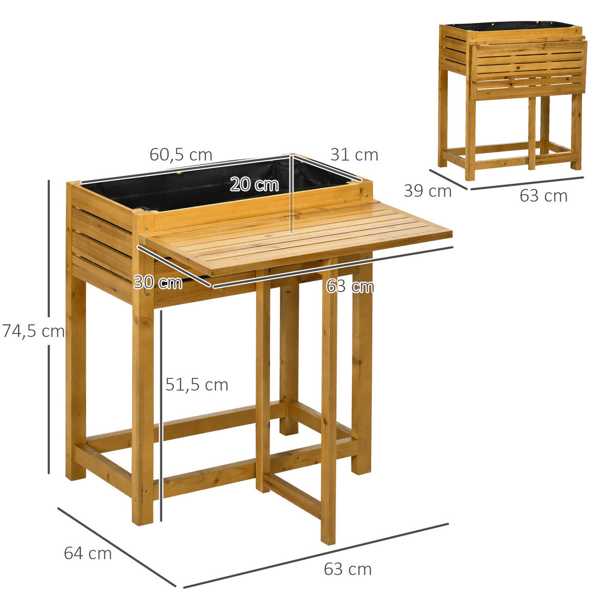 HOCHBEET Pflanzkasten mit klappbarer Tischplatte, für Garten, Terrasse, Holz, Braun - Braun, Holz (63/74.5/64cm) - Outsunny