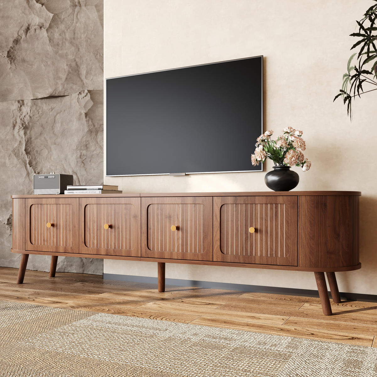 TV-SCHRANK Nussbaum 180/38/47 cm mit Klapptüren und Goldgriffen - Walnussfarben, Karton (38/47/180cm) - PANGIVO