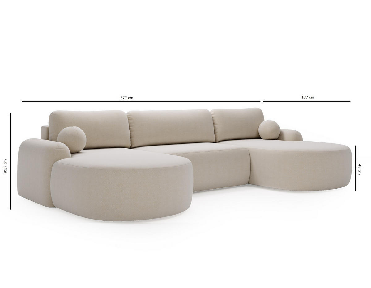 WOHNLANDSCHAFT Cloudy Beige, mit abgerundeten Seiten und Kissen - Beige, Holzwerkstoff (377/92/177cm) - Bettso