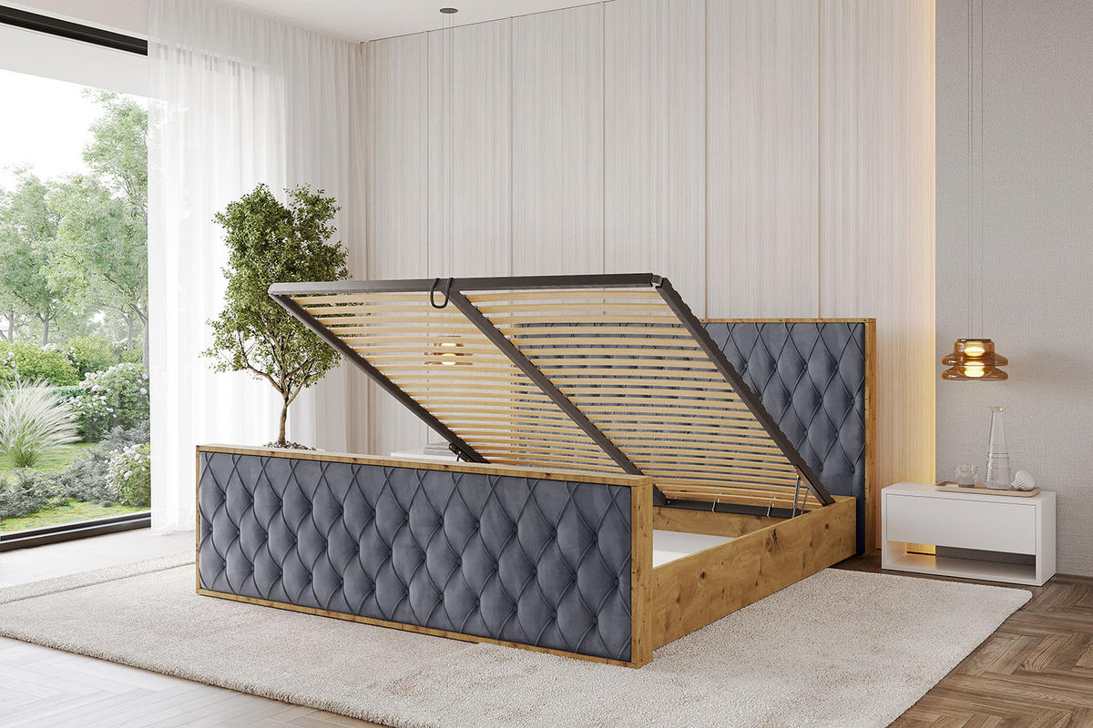 POLSTERBETT mit Bettkasten, Fußteil und Lattenrost, Boxbett ohne Matratze - ENZO5-Z 180x200 Dunkelgrau - Dunkelgrau, Holzwerkstoff/Textil (180/200cm) - ALTDECOR