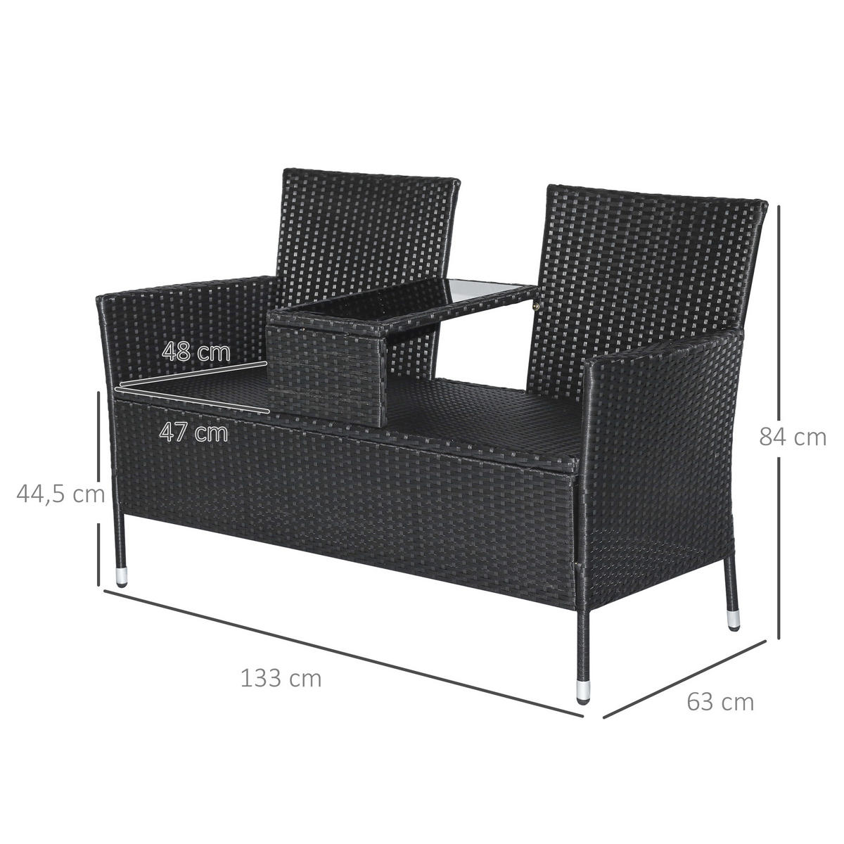 POLYRATTAN Gartenbank mit Tisch 2-Sitzer Stahl Schwarz B133 x T63 x H84cm - Schwarz, Kunststoff (63/84/133cm) - Outsunny