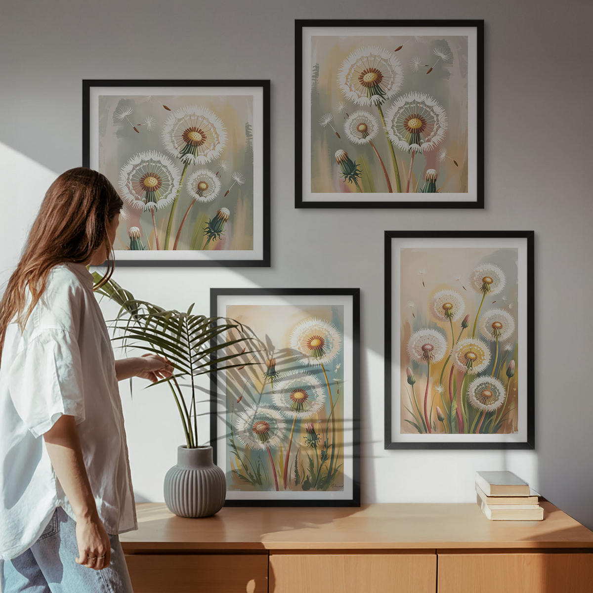BILDER SET 4er Set - 50x50 cm & 40x60 cm Schwarzer Rahmen - Löwenzahnblüten, pastellfarbene Gräser - Schwarz, Kunststoff (50/50cm) - TULUP