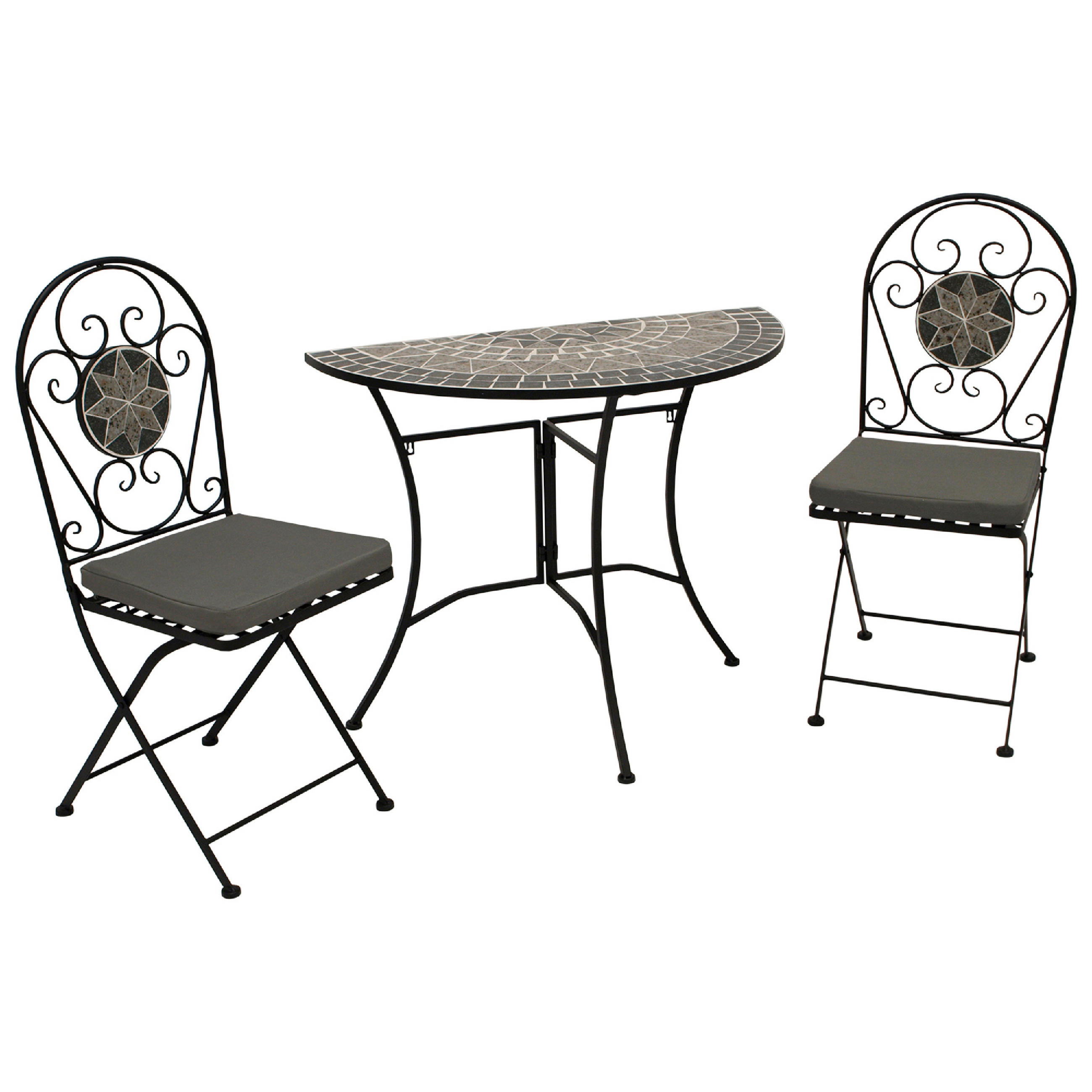 BISTROSET Derby - Gartenset 3-teilig (2x Klappstuhl, 1x Wandtisch 90x45cm halbrund) aus schwarz pulverbeschichtetem Eisen - Grau, Metall - TPFGarden