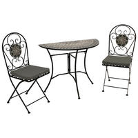 BISTROSET Derby - Gartenset 3-teilig (2x Klappstuhl, 1x Wandtisch 90x45cm halbrund) aus schwarz pulverbeschichtetem Eisen - Grau, Metall - TPFGarden