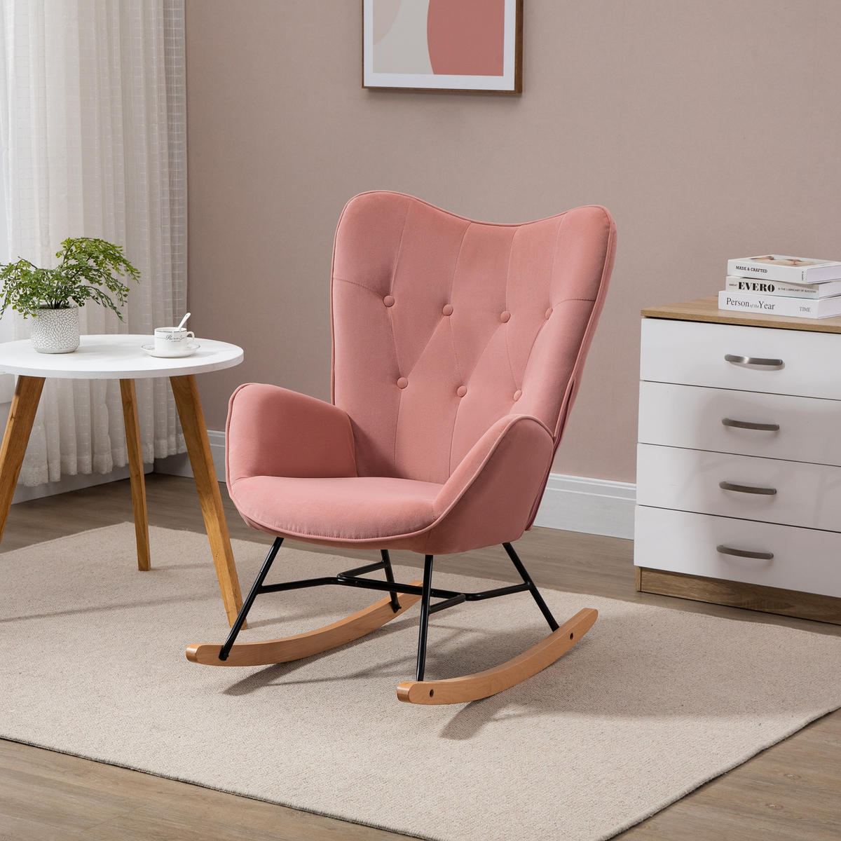 SCHAUKELSTUHL Schaukelsessel mit Stahlrahmen gepolstert Rosa+Natur - Rosa, Kunststoff (70/96/65cm) - HOMCOM