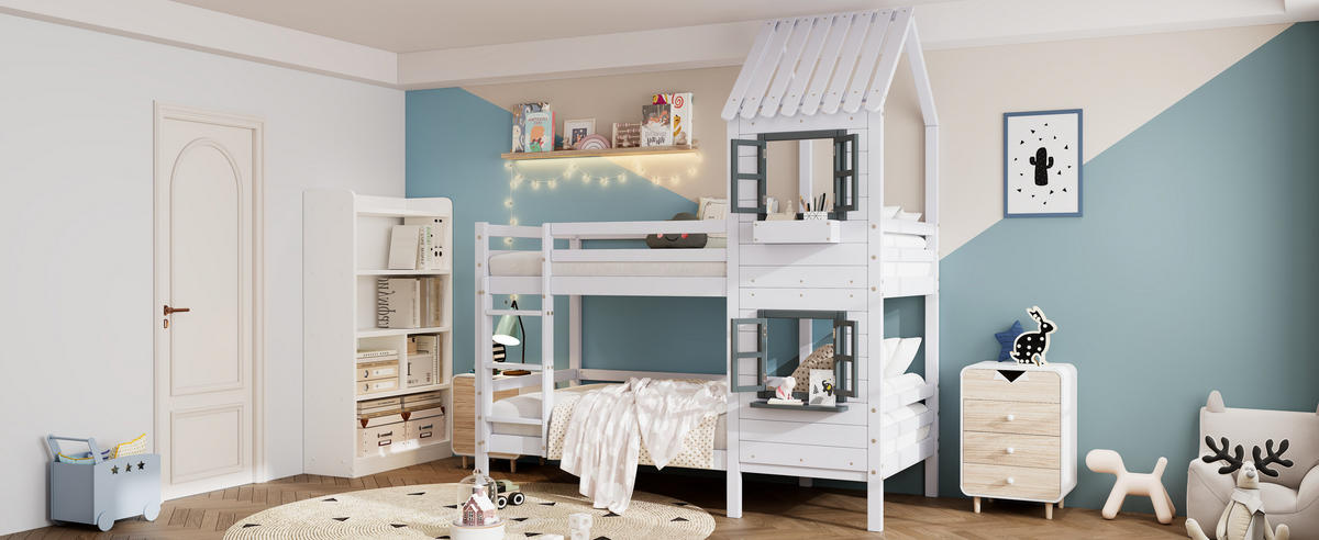 ETAGENBETT 90x200 cm Haus Fenster weiß - Weiß, Holz (90/200cm) - LEBENLANG