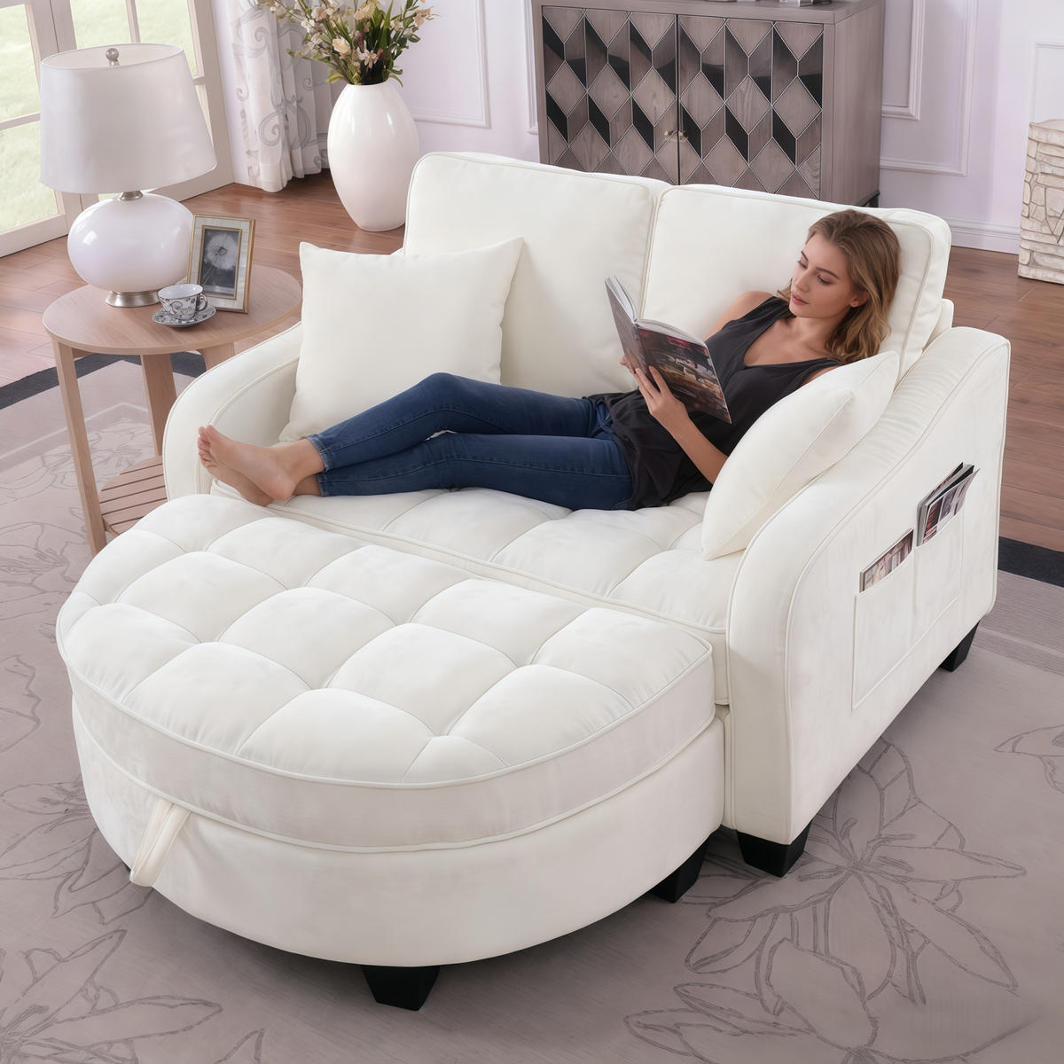 SCHLAFSOFA 2-in-1 mit Hocker und Stauraum, Beige - Beige, Holz (132/93/129cm)