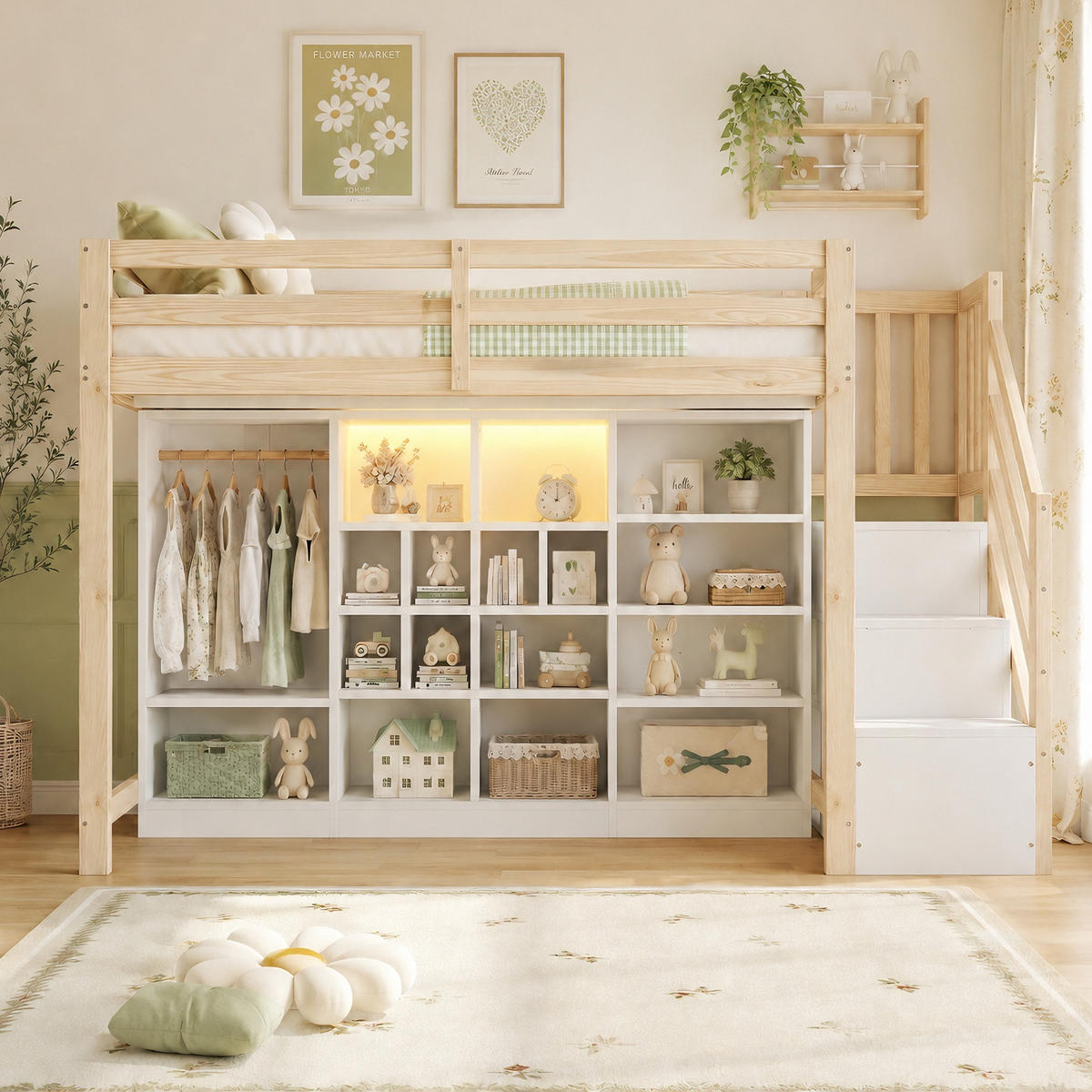 HOCHBETT 90x200cm Holz Stauraum LED Kleiderschrank - Multicolor, Holz (90/200cm) - FLIEKS