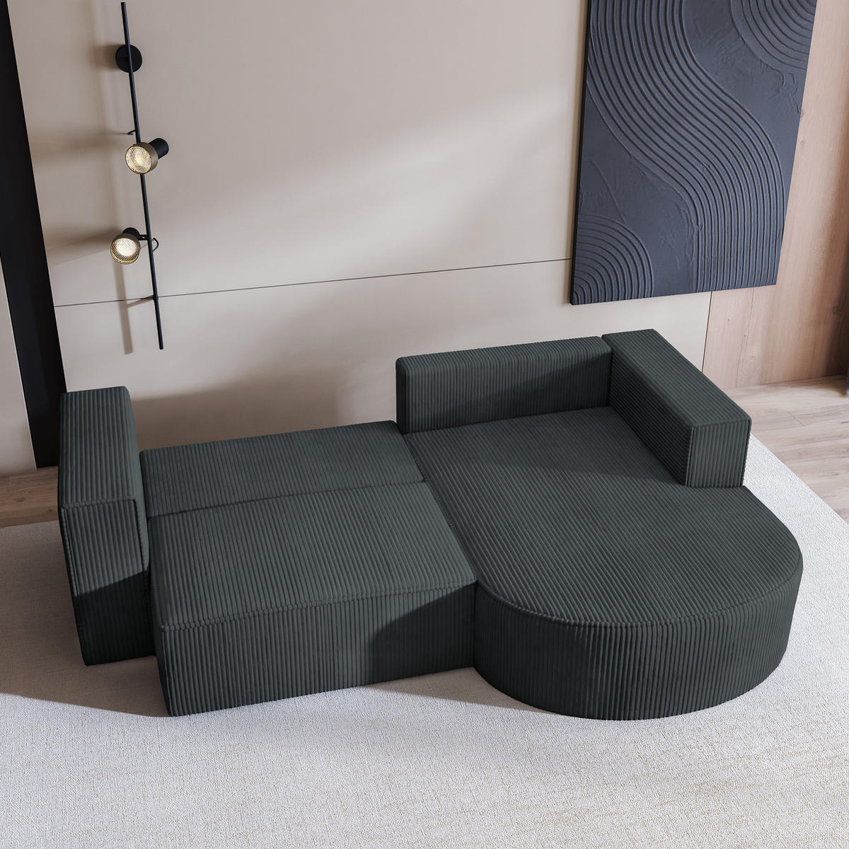 ECKSOFA SORELA P R-S Graphitfarben Kordstoff mit Schlaffunktion - Graphitfarben, Holz (263/174cm) - MASSENO