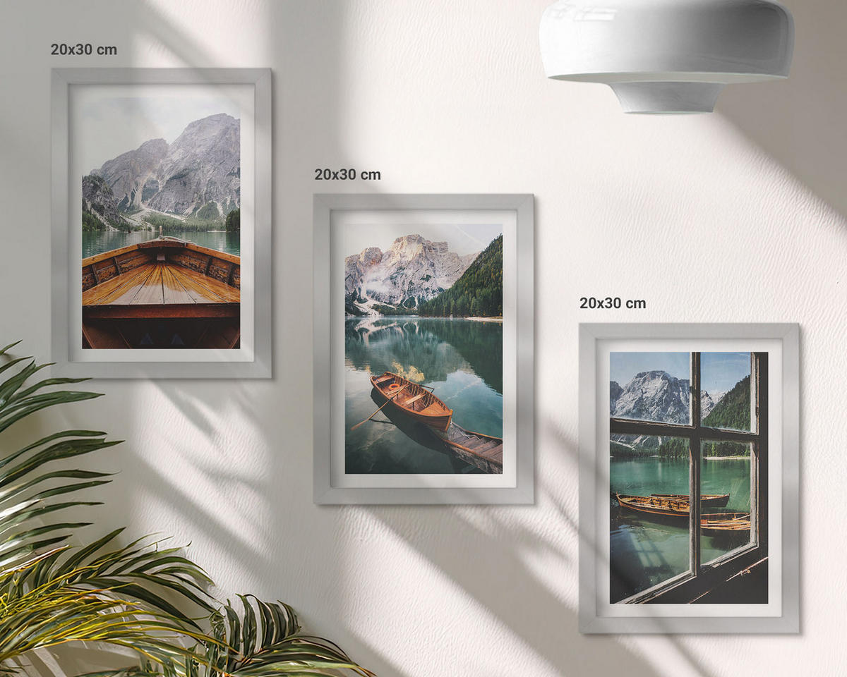 WANDBILDER 3er Set - 20x30 cm Silberner Rahmen - Fenster für Boote auf dem Bergsee - Silberfarben, Kunststoff (20/30cm) - ArtPrintCave