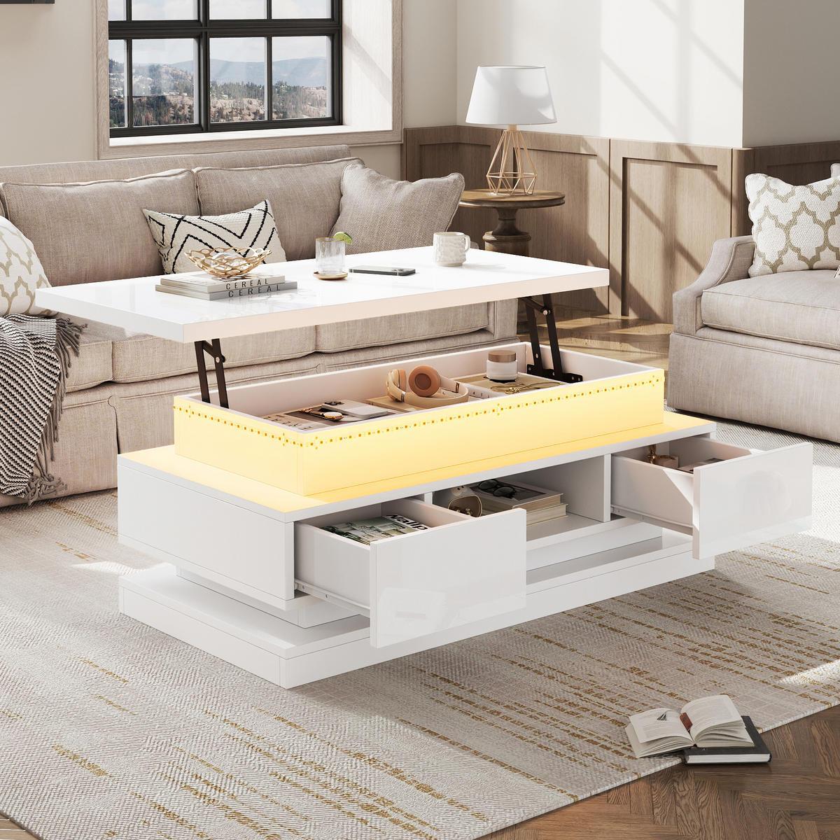 COUCHTISCH anhebbar Weiß LED 2 Schubladen 100x50x40cm Stauraum - Weiß, Holzwerkstoff (100/50/40cm) - FLIEKS