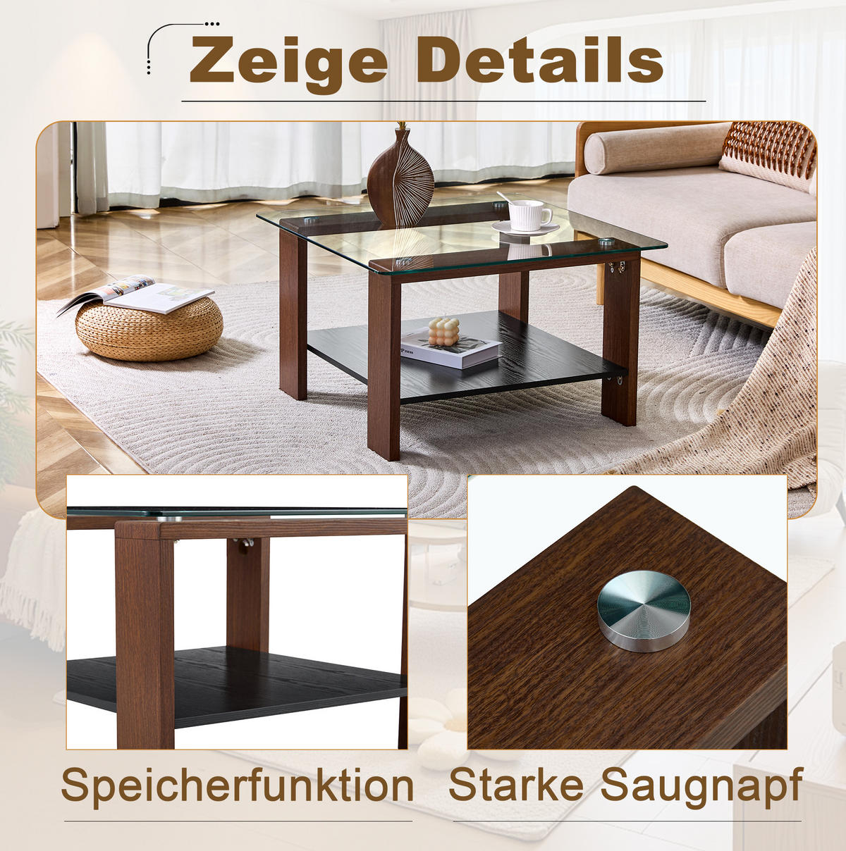 COUCHTISCH 65/41/45,5 cm mit Hartglasplatte und Ablagefach, modern und platzsparend, Walnuss/Schwarz - Walnussfarben, Holzwerkstoff (75/75/45.5cm) - Redom