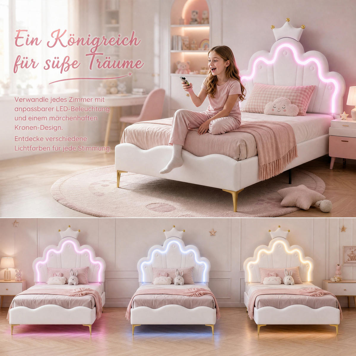 KINDERBETT 90x200 mit LED, Blütenblatt Kopfteil mit Krone, weißes PU, höhenverstellbar - Weiß, Leder/Holz (90/200cm) - GENKI LIVING