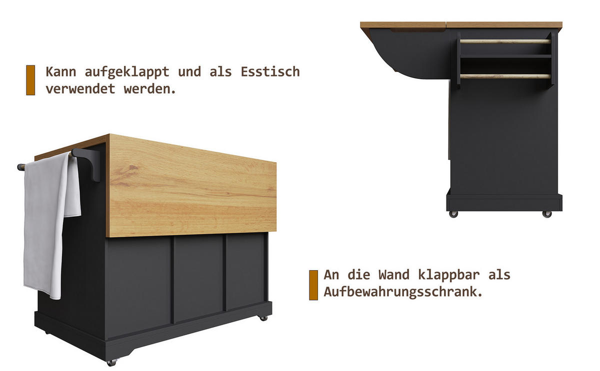 KÜCHENINSEL Schwarz 147/44-70/93 cm - Schwarz, Holzwerkstoff (147/93/44cm) - PANGIVO