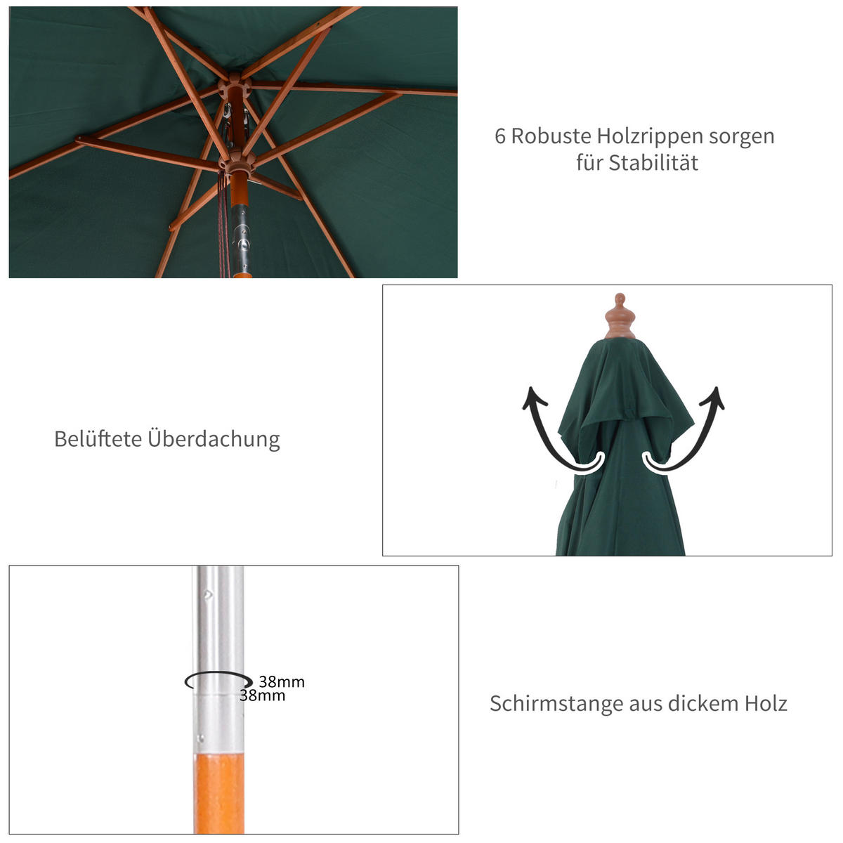 SONNENSCHIRM, Holz, Bambus, Polyester, Grün - Grün, Holz (150/200cm) - Outsunny