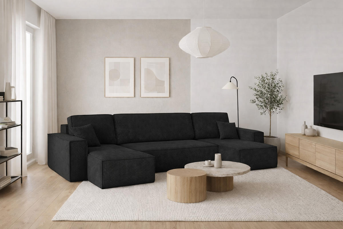 ECKSOFA Mit Schlaffunktion Und Bettkasten BEST Dicker Cord Poso Schwarz - Schwarz, Holz/Textil (312/142cm) - Kaiser Möbel