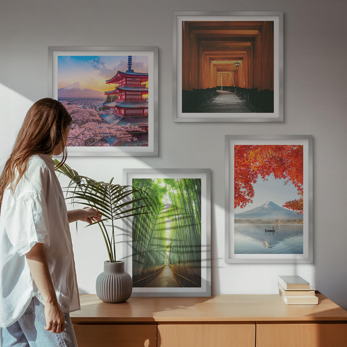 WANDBILDER 4er Set - 50x50 cm & 40x60 cm Silberner Rahmen - Fuji-Torii-Bambuswald, Japan - Silberfarben, Kunststoff (50/50cm) - ArtPrintCave