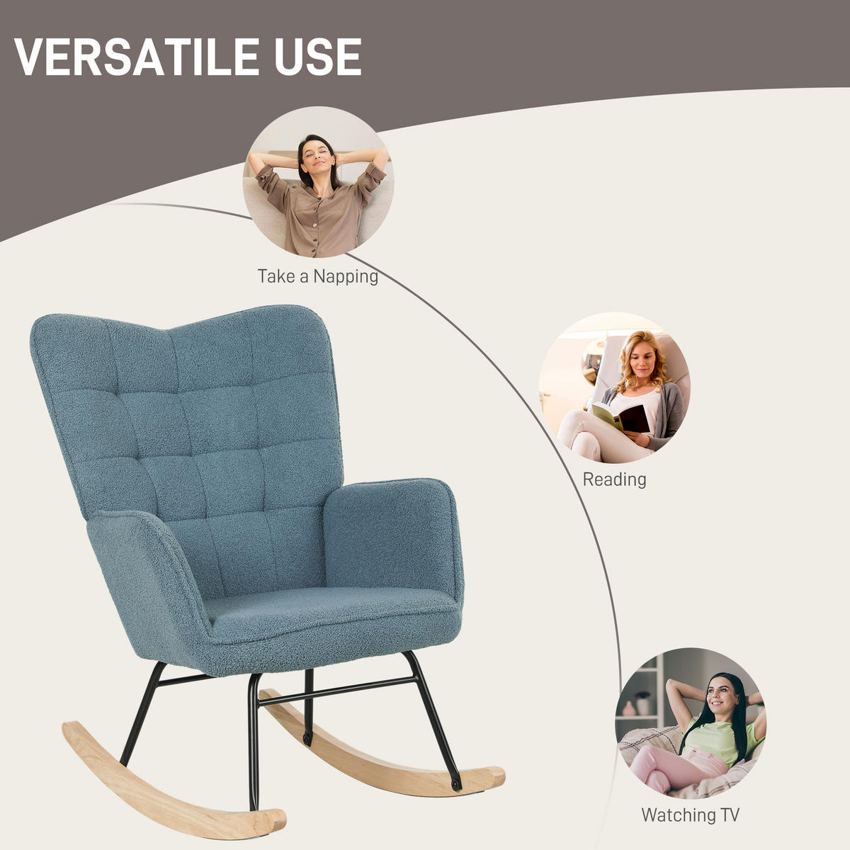 SCHAUKELSTUHL Sessel Relaxsessel bis 120 kg, Polyester, Rosa 98x71x101cm - Naturfarben/Hellblau, Buchenholz/Textil (98/101/71cm) - HOMCOM
