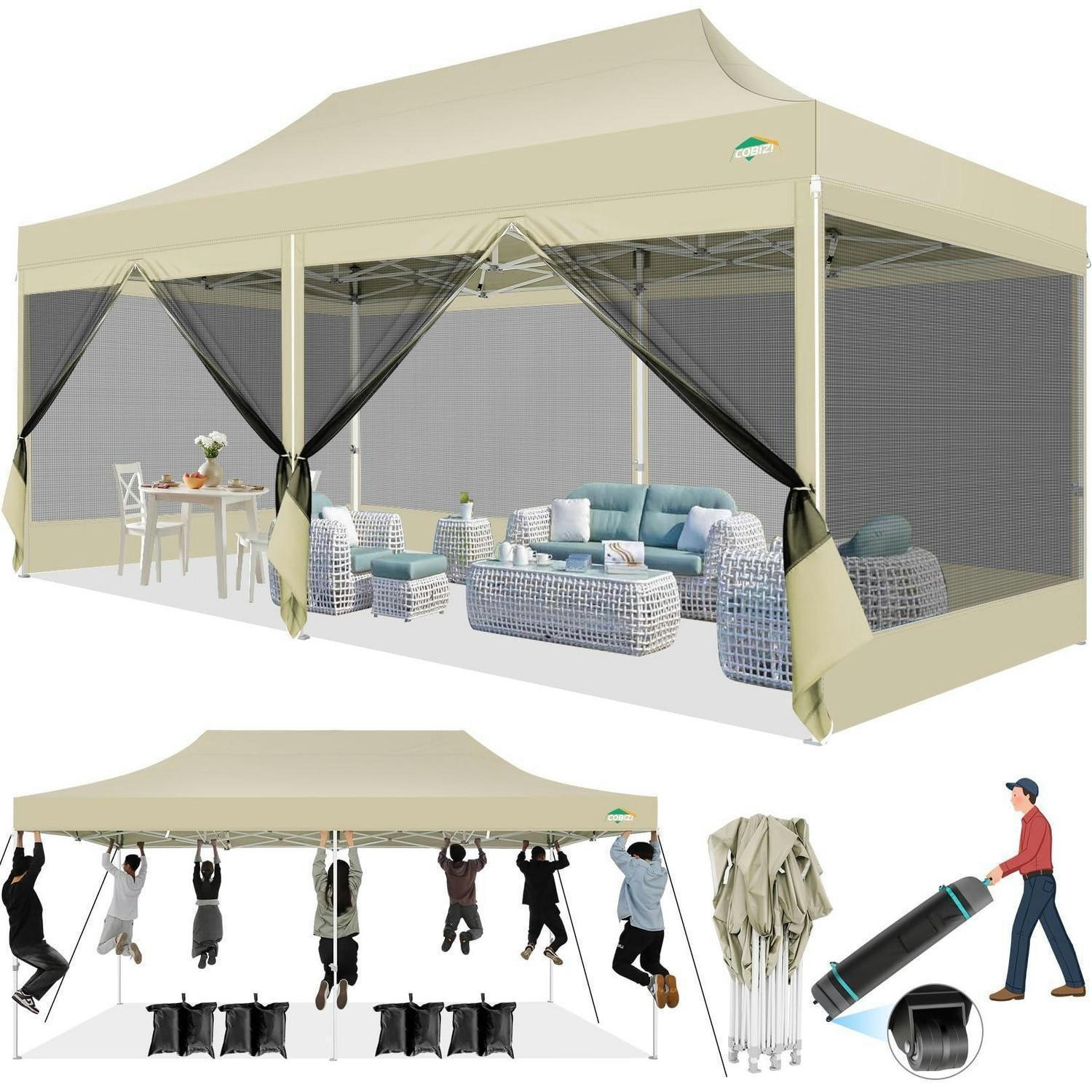 FALTPAVILLON 3x6m Wasserdicht mit Mesh-Seitenwänden Khaki - Olivgrün, Textil (300/335/600cm)