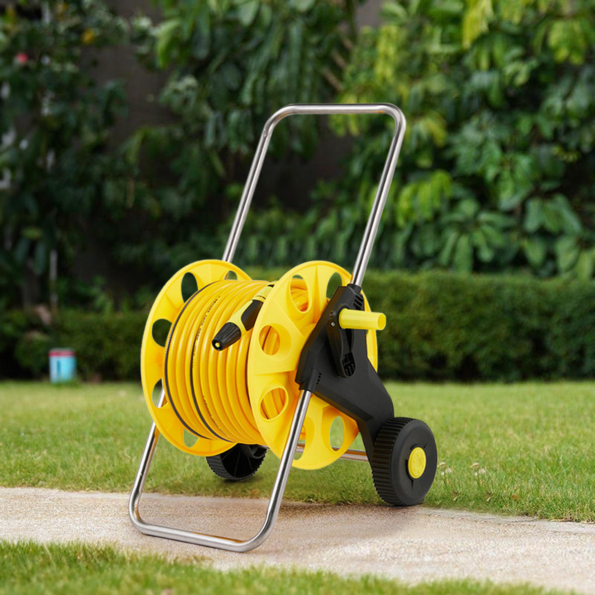GARTENSCHLAUCHWAGEN mit Rollen 40m Kunststoff + Stahl Rahmen 3 Sprühmodi gelb/schwarz - Gelb, Kunststoff (35cm) - Livingandhome