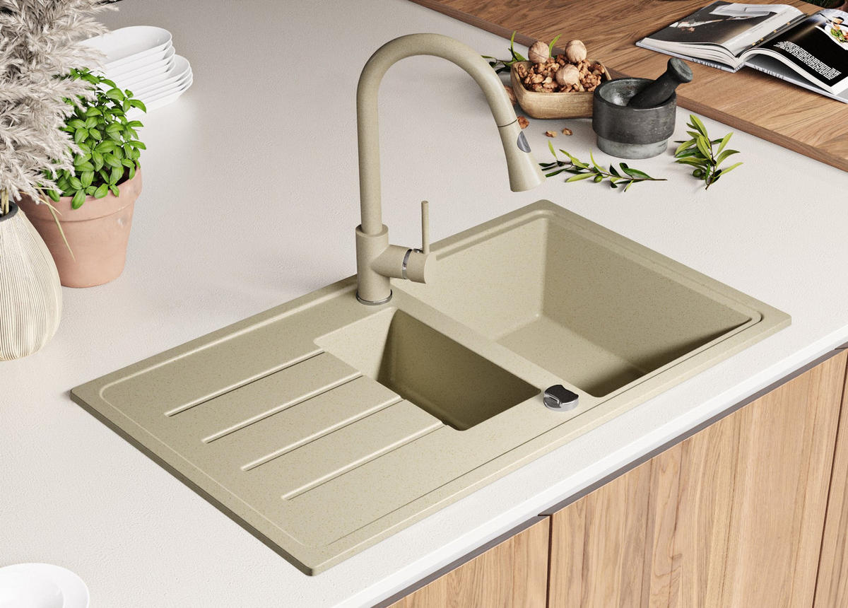GRANITSPÜLE Kopenhagen Duo, 2-er set Beige 90/50 cm 1,5 Becken + Küchenarmatur 40/20 cm + Ablauf-Set ab 60er Unterschrank - Beige, Kunststoff (90/19/50cm) - Primagran