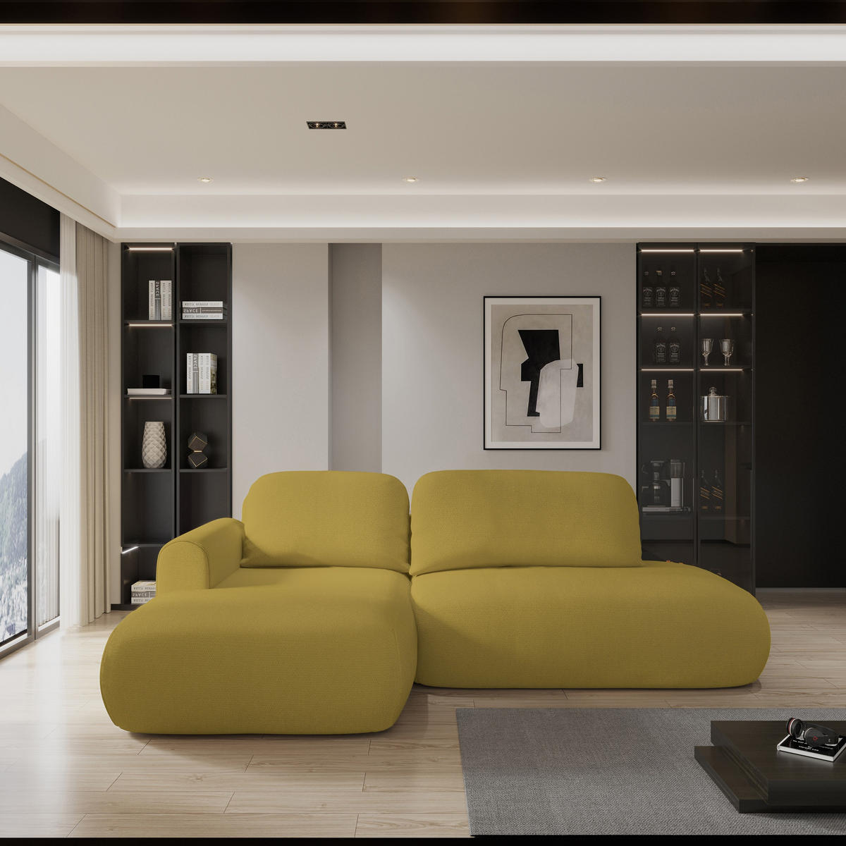 ECKSOFA NUVIRA L-S Gelb Geflochtener Stoff mit Schlaffunktion - Gelb, Holz (274/165cm) - MASSENO