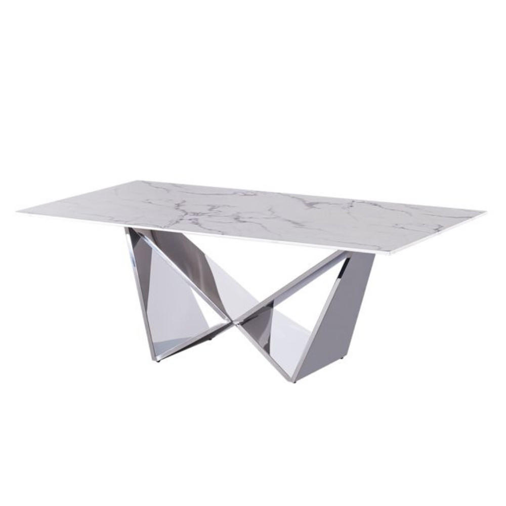 DESIGN-COUCHTISCH CENTO Rechteckiger Wohnzimmertisch in Marmor-Optik mit geometrischem Edelstahl-Gestell (130 x 70 cm) - Silbereichenfarben, Metall (70/130/42cm) - alesvelt