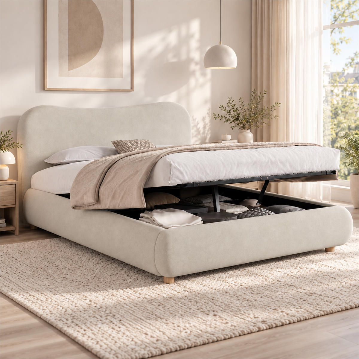 POLSTERBETT 180x200cm, Creme, Samt, Stauraum - Creme, Textil (180/200cm) - FLIEKS