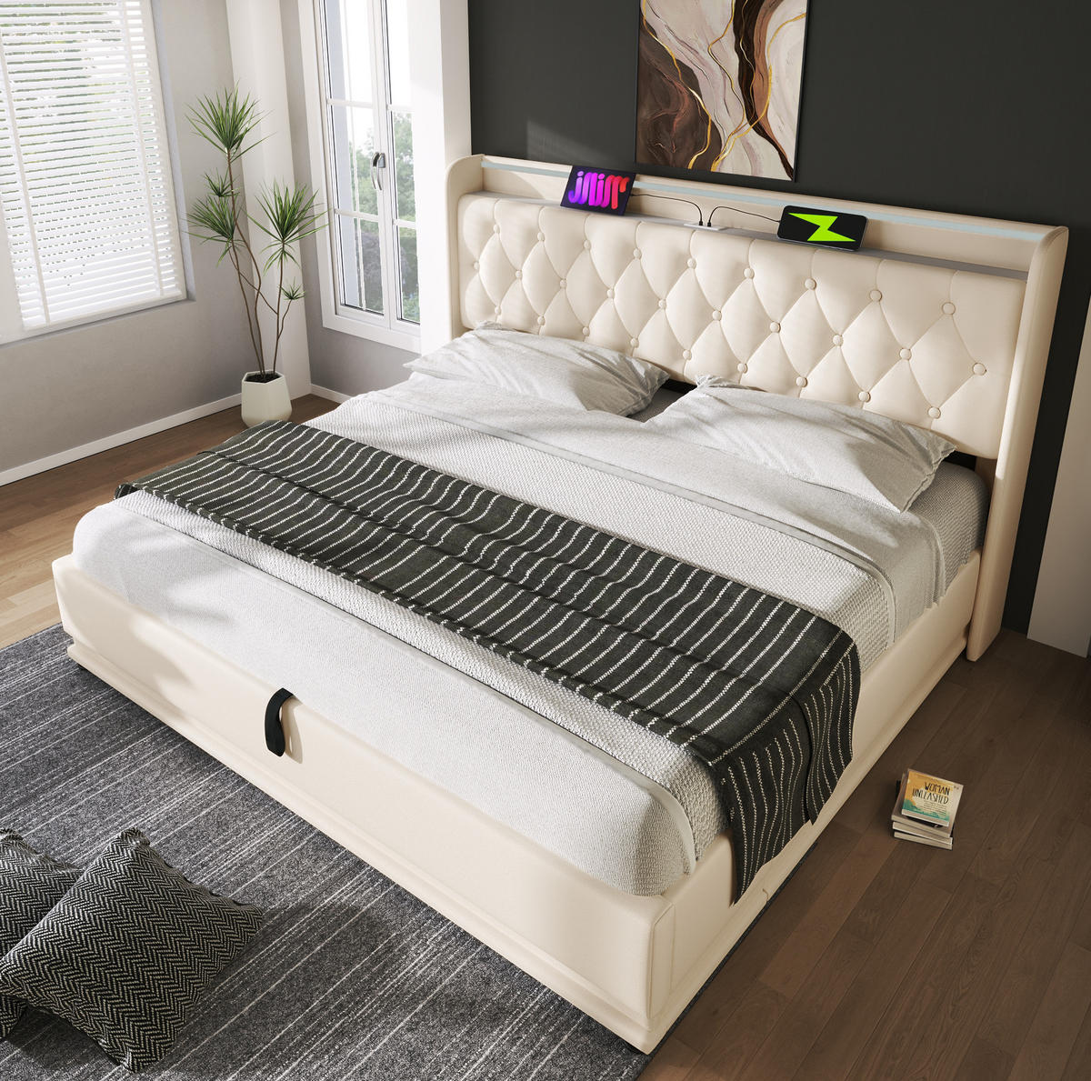 POLSTERBETT mit LED, Stauraum & Matratze 140x200 cm PU Weiß - Weiß, Metall (140/200cm) - Meubliv