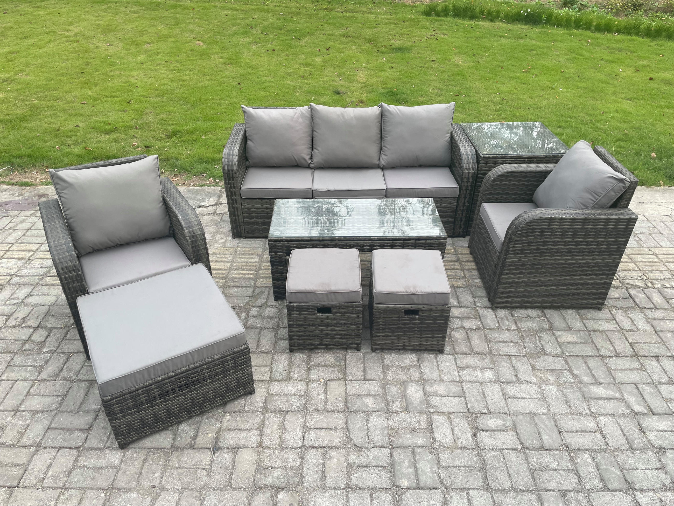 GARTENSOFA SET mit LIEGESTUHL Polyrattan 8-Sitzer Dunkelgrau - Dunkelgrau/Grau, Glas/Kunststoff - Fimous