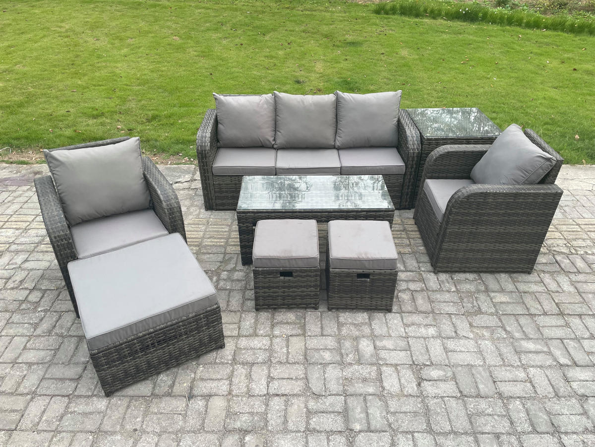 GARTENSOFA SET mit LIEGESTUHL Polyrattan 8-Sitzer Dunkelgrau - Dunkelgrau/Grau, Glas/Kunststoff - Fimous