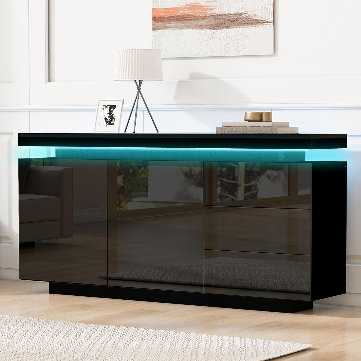 SIDEBOARD LED Hochglanz 2 Türen 3 Schubladen Schwarz 140cm modern - Schwarz, Holzwerkstoff (38/72/140cm) - FLIEKS