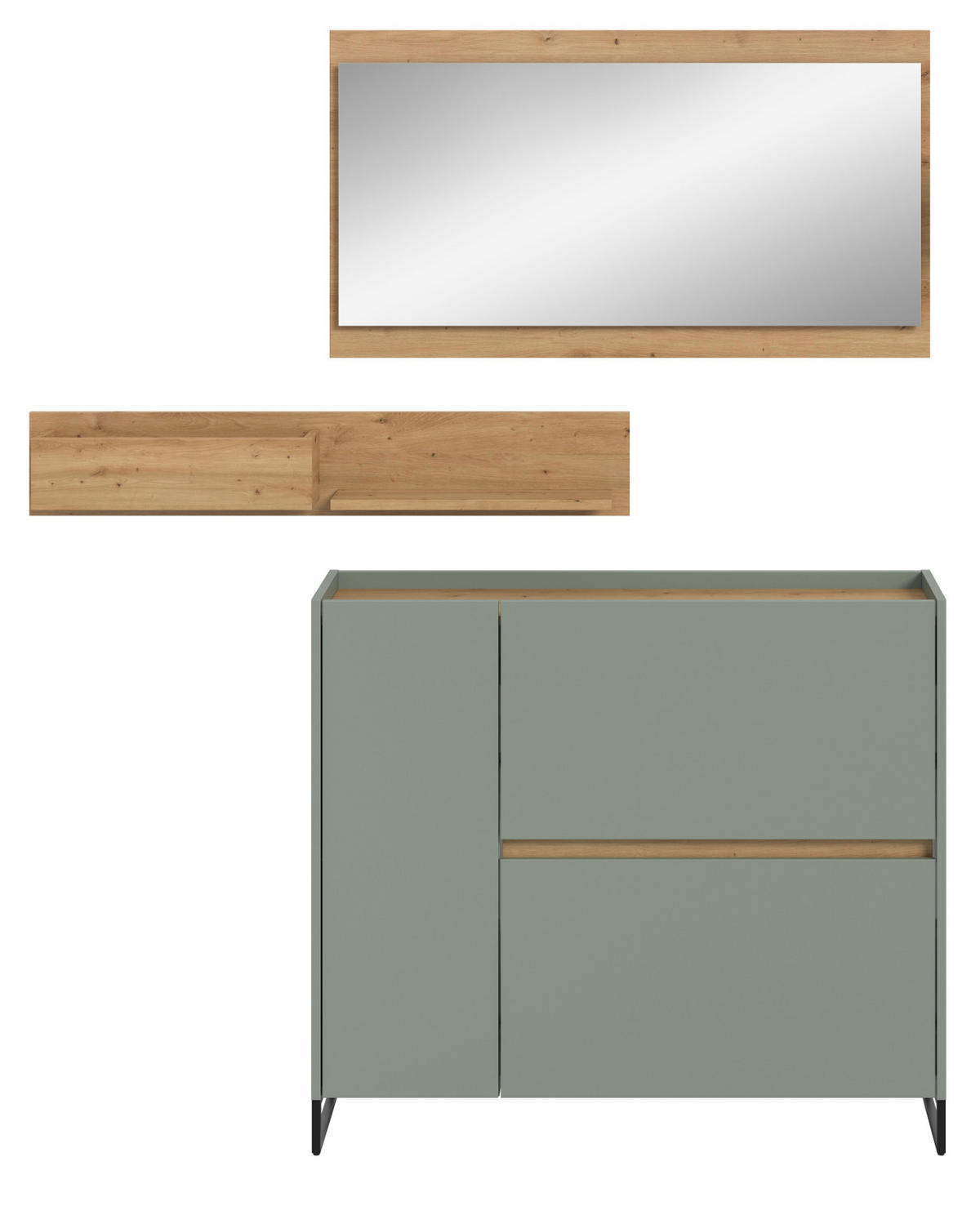 GARDEROBEN-SET Salbei grün, Artisan Eiche 140 cm 3-teilig, Flurmöbel mit Soft-Close - Salbeigrün/Schwarz, Holzwerkstoff/Metall (140/192/32cm) - Inn.Furn