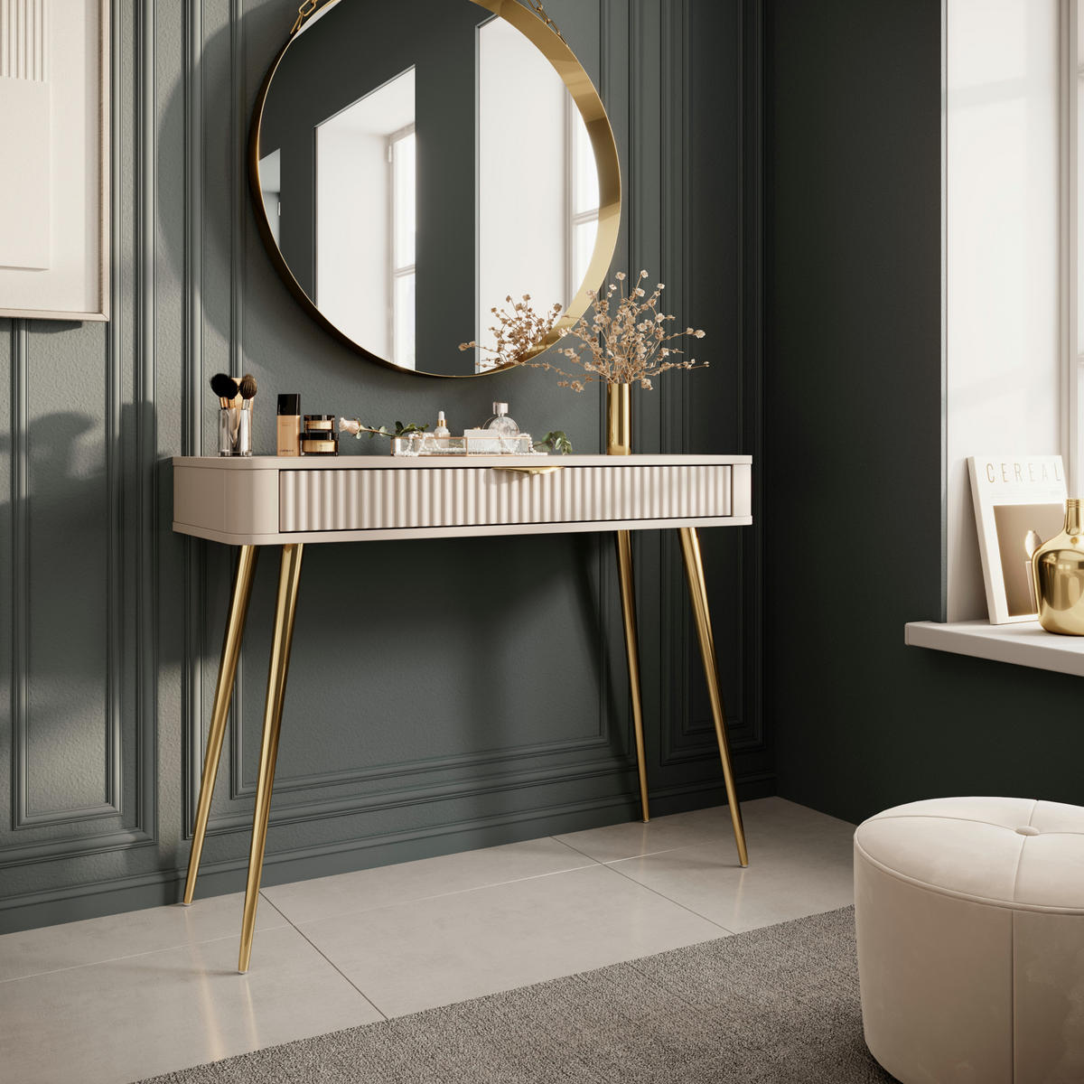 SCHMINKTISCH LEKNES TOA1 Reliefierte Fronten aus MDF-Platte Beige Beige - Beige, Holzwerkstoff (100/38/78cm) - Komodee