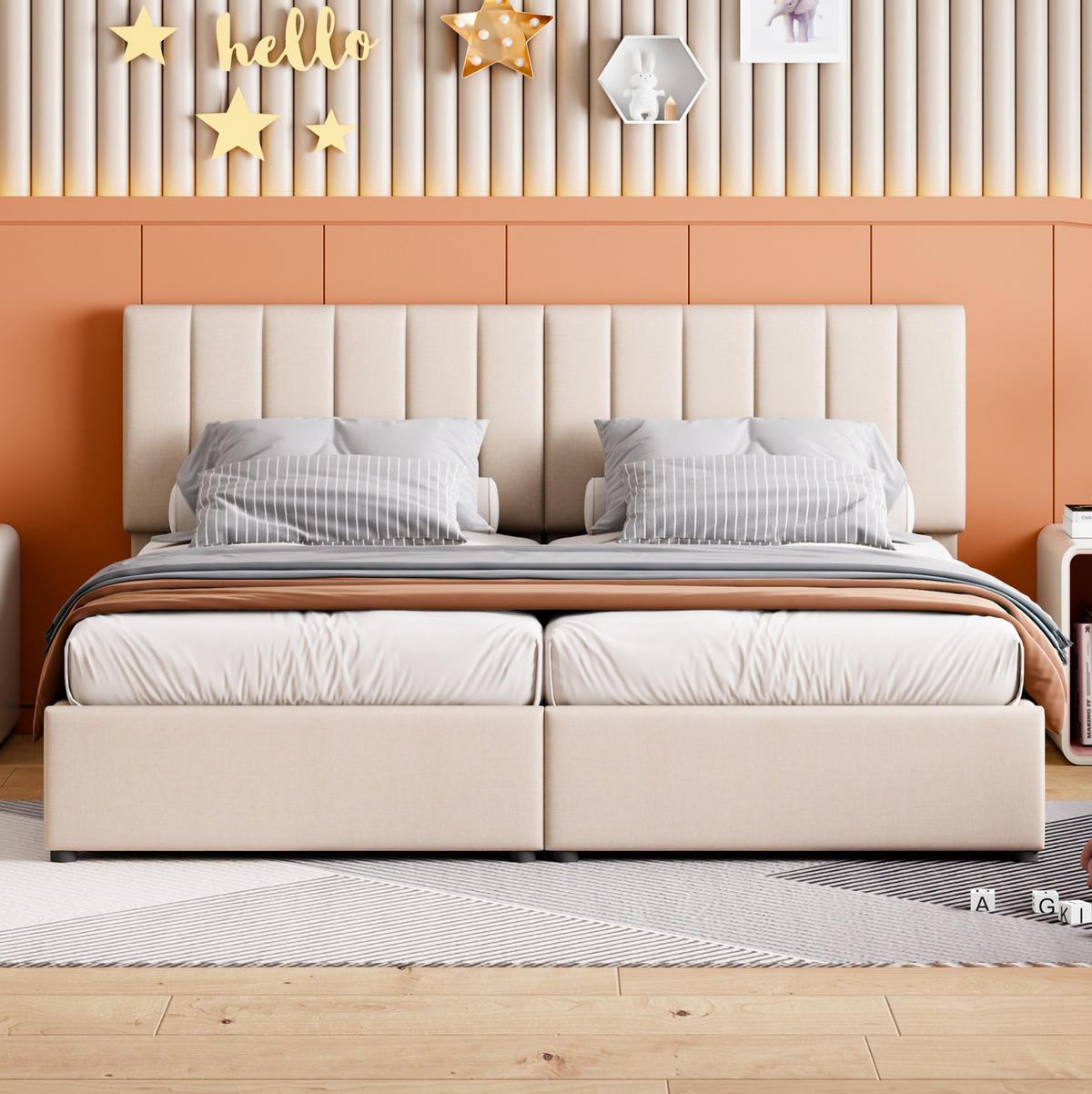 POLSTERBETT 180/200 cm beige aus Leinenstoff mit hydraulischem Stauraum - Beige, Textil (180/200cm) - OKWISH