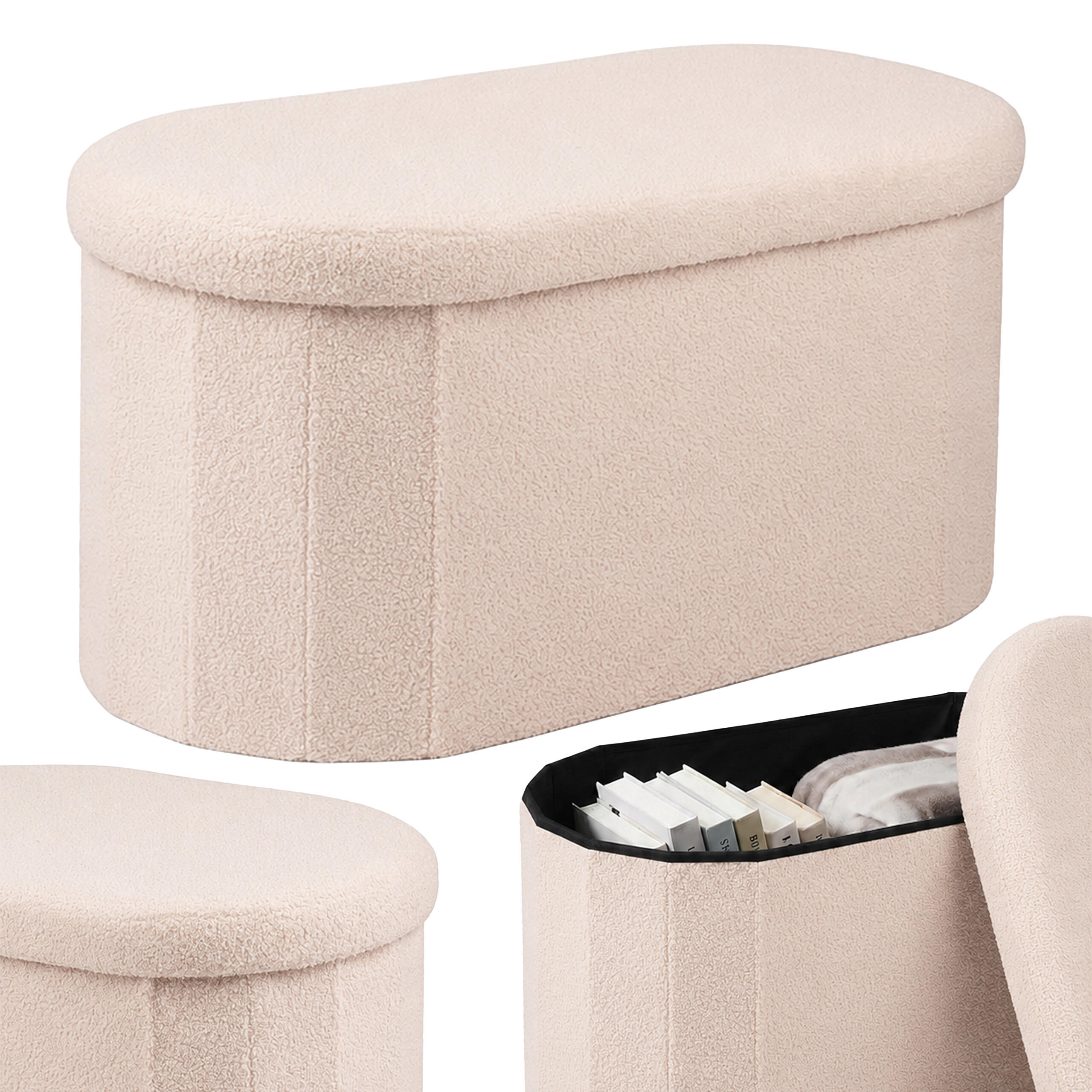 SITZBANK Beige mit Stauraum Teddystoff 76 cm - Beige, Holzwerkstoff/Textil (76/38/38cm) - Relaxdays