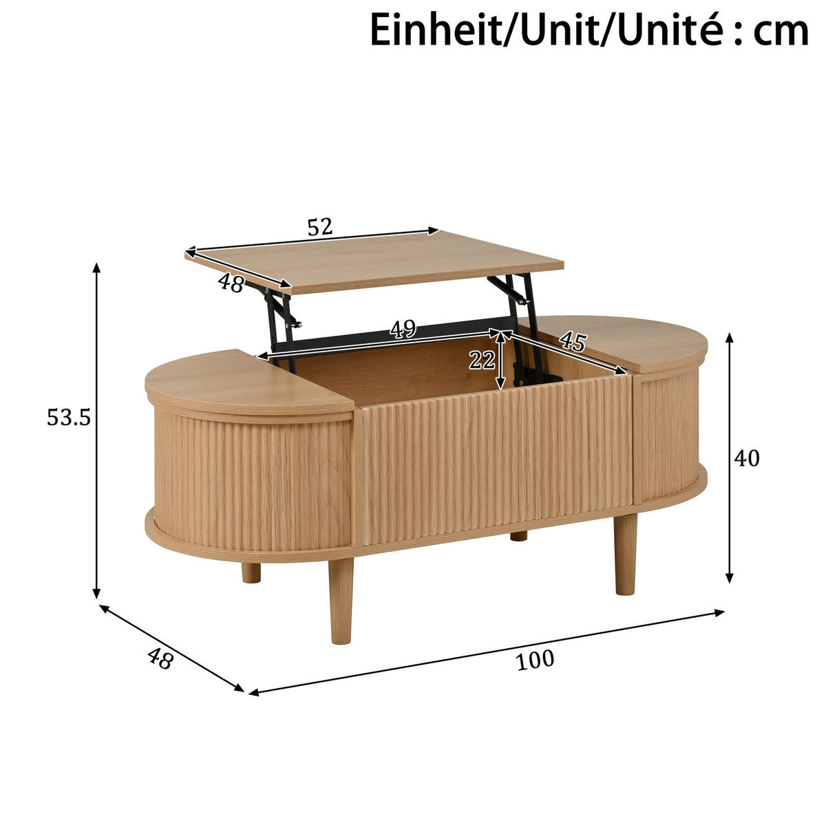 COUCHTISCH aus MDF 100x48x53,5 cm Eichenfarbe höhenverstellbar mit Stauraum - Eichefarben, Holzwerkstoff (100/48/53.5cm) - IVMEU